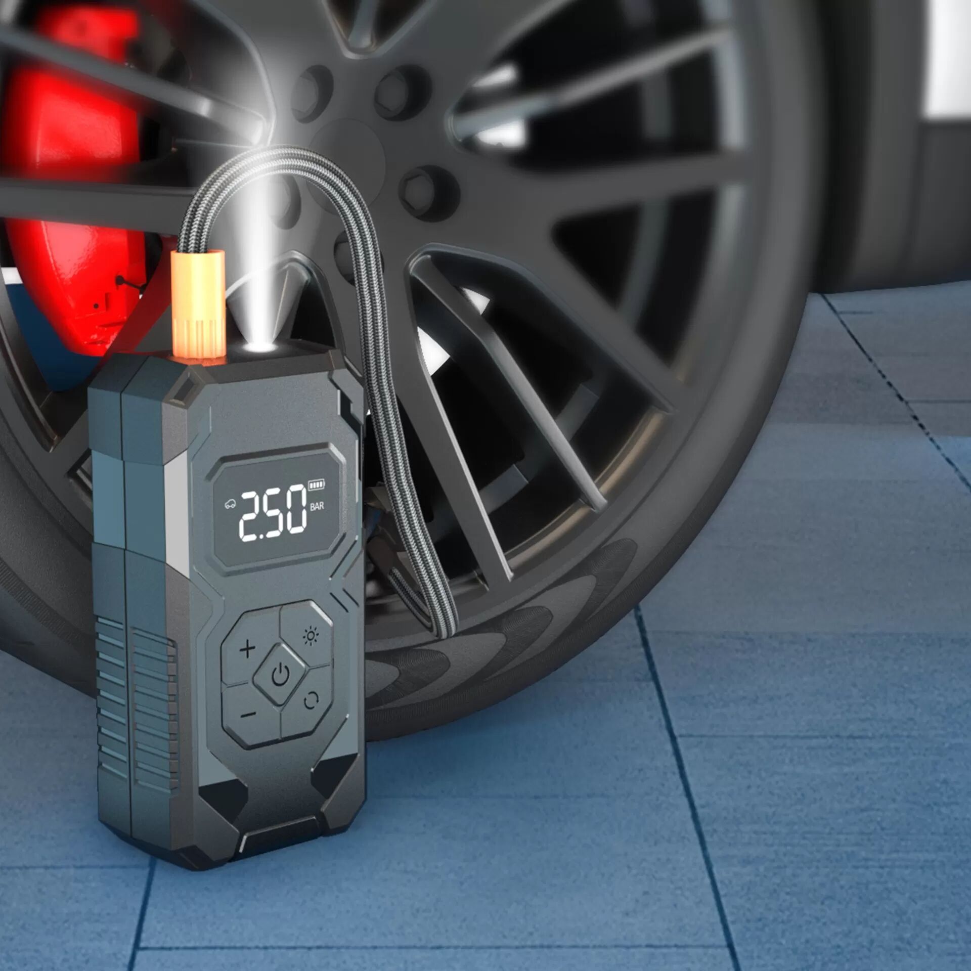 INF Tragbarer Elektrischer Auto-/Fahrrad-Reifenfüller mit Digitalem Manometer Grau