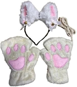 Uplifted Goods Adorable Cat Paw Gloves And Ear Headwear Set For Cute Winter Style white 2pcs Set
