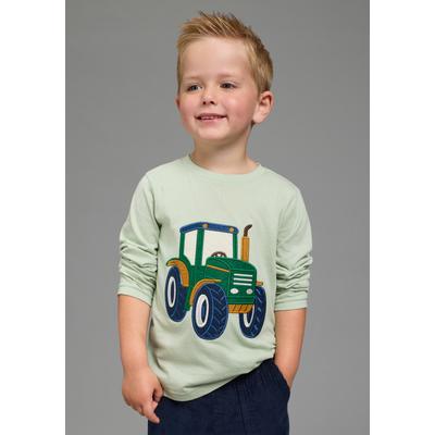 Langarmshirt KIDSWORLD "Shirt mit großer Traktor Frottee-Applikation", Jungen, Gr. 116/122, grün (hellpetrol), Jersey, Obermaterial: 100% Baumwolle, Basic hüftlang, Rundhals, Shirts Langarmshirt, Traktor-Applikation,hüftlange Basic-Passform,...