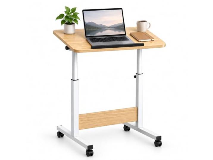 Relaxdays Table PC Portable\, Blanche/Naturelle réglable\, 67-90 cm\, inclinable\, roulettes\, forme C\, canapé/fauteuil/lit