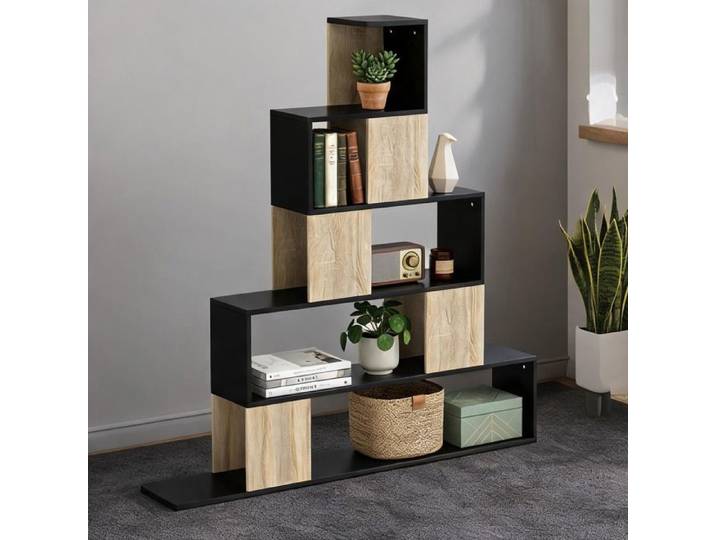 Étagère design escalier 5 niveaux structure noire et bois naturel 120 x 22 x 131 5 cm