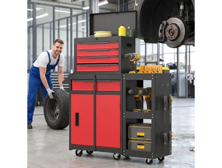 HOMCOM Chariot Outils 3 en 1 5 Tiroirs Armoire Noir Rouge