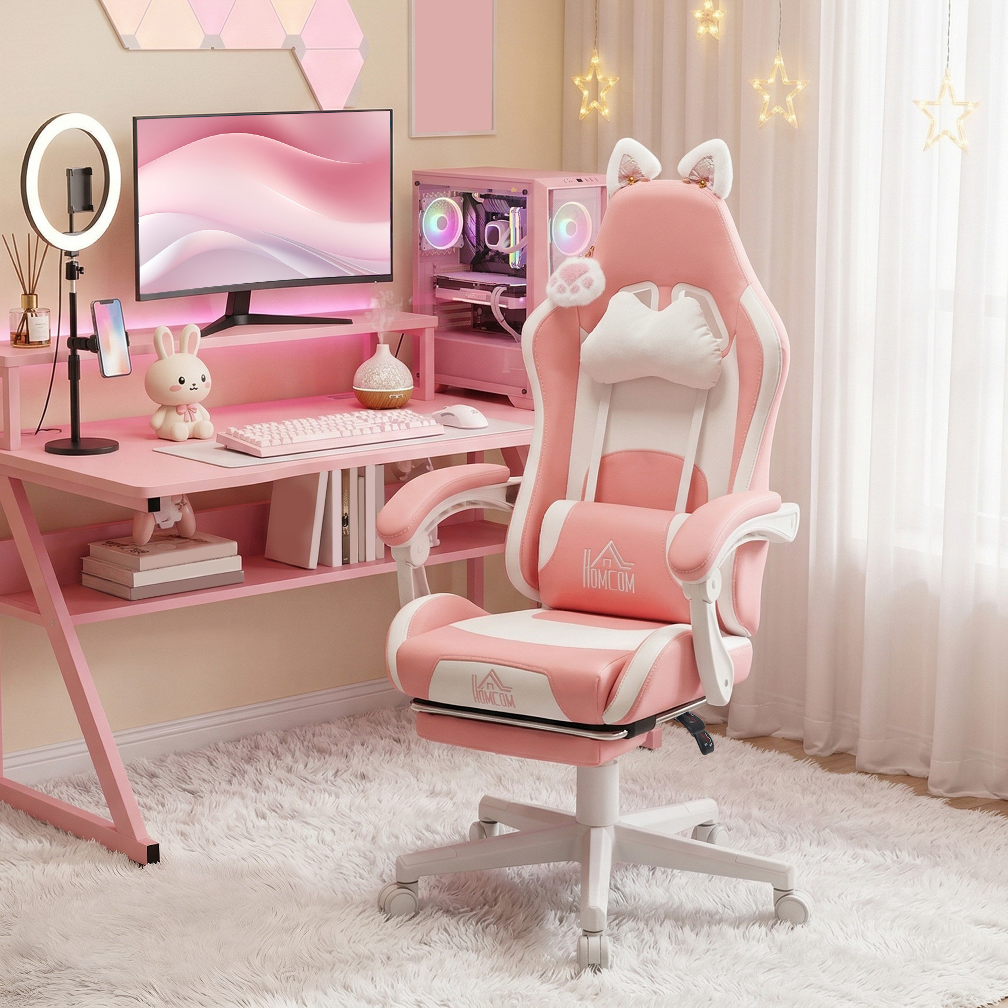 Homcom Sedia da Gaming Ergonomica con Orecchie da Gatto, Poggiapiedi, Supporto Lombare e Cervicale, Rosa