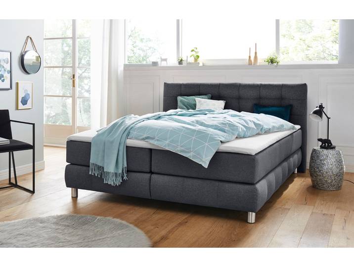 Boxspringbett, Struktur, Grau, 194×231 cm, 2 Matratzen, Bonnell-Federkern, Modern, andas