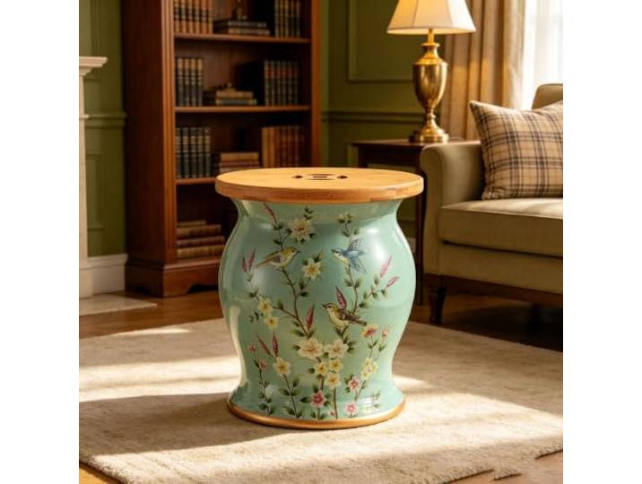 Chinoiserie Keramik Gartenhocker mit Stauraum,Dekorativer Trommelhocker Keramik Trommelhocker Chinoiserie mit Abdeckung,Mehrzweck Hocker, Beistelltisch für Wohnzimmer Foyer, Terrasse(17)