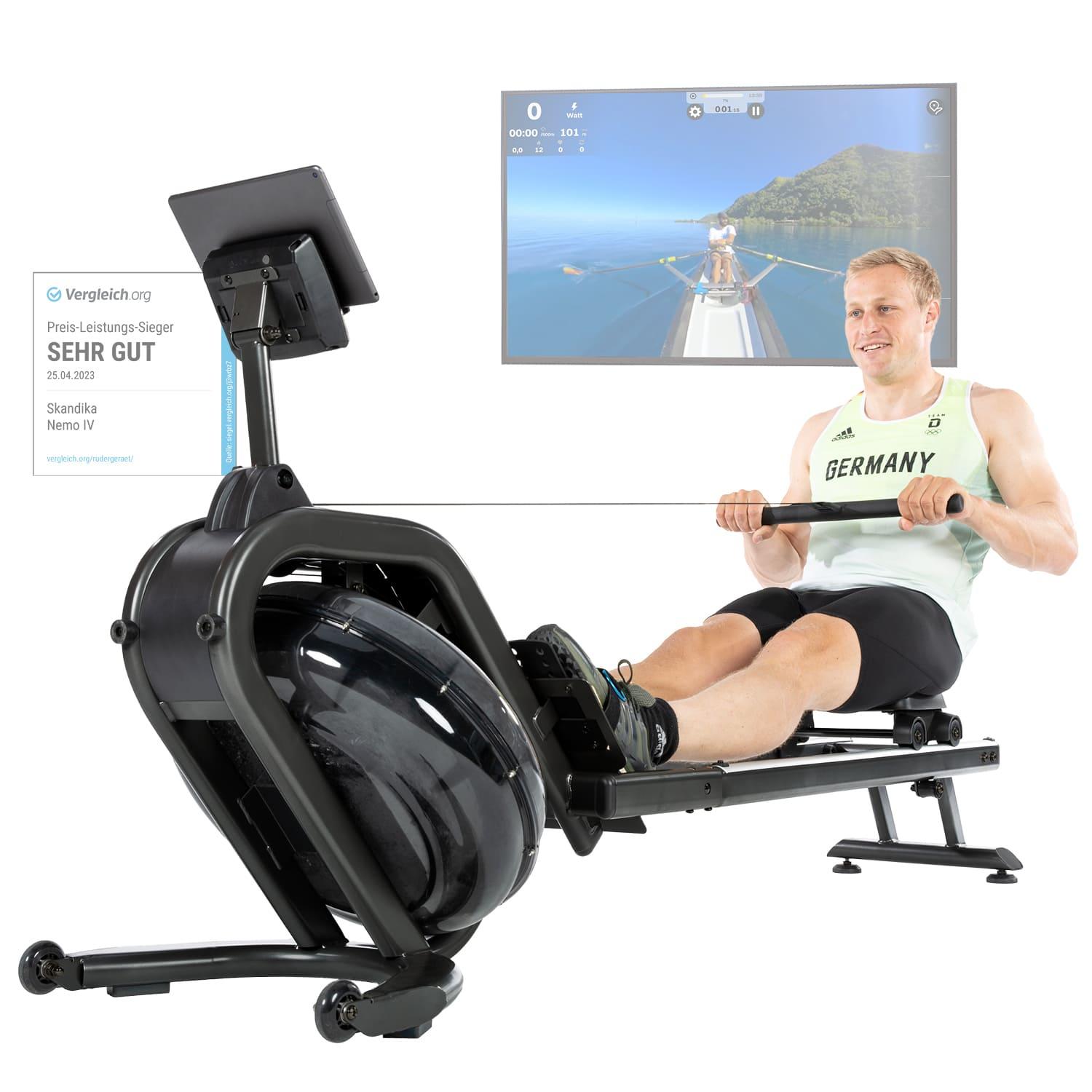 Skandika Wasserrudergerät Nemo IV | Wasser Rudergerät für Zuhause in Studio Qualität durch Süd , Kinomap, Tablet Halterung, aufstellbar
