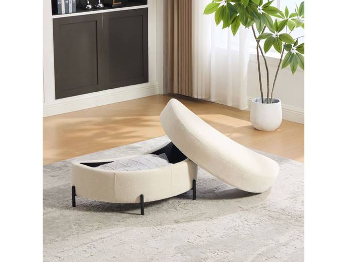 Tabouret de rangement en croissant - Repose-Pieds en Velours Beige et Pieds en Métal - Couvercle réversible - Stable et Chic