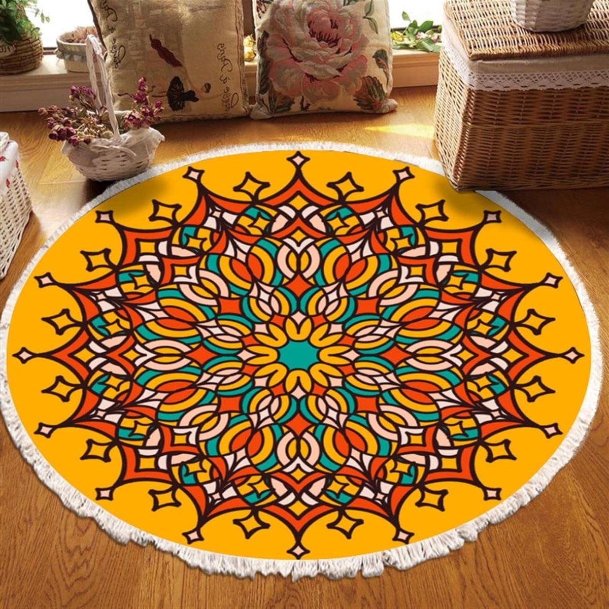 Handgeweven Boheemse Katoenen Vloerkleed Rond Diameter: 60 cm