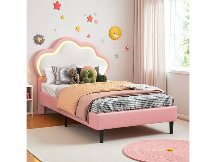 JiaOyu Einzelbett 90x200 cm, Mädchen Bett mit LED, Kinderbett Prinzessinnenbett für Kinder, Polsterbett Jugendbett mit Wolken-Design und verstellbarem Kopfteil für Kinderzimmer, ohne Matratze