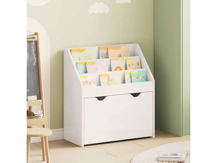 KFPOERTFGD Kinderregal aus Holzwerkstoff mit Schublade, Hochglanz Weiß Platzsparendes Design, Einfache Montage, Vielseitiger Stauraum
