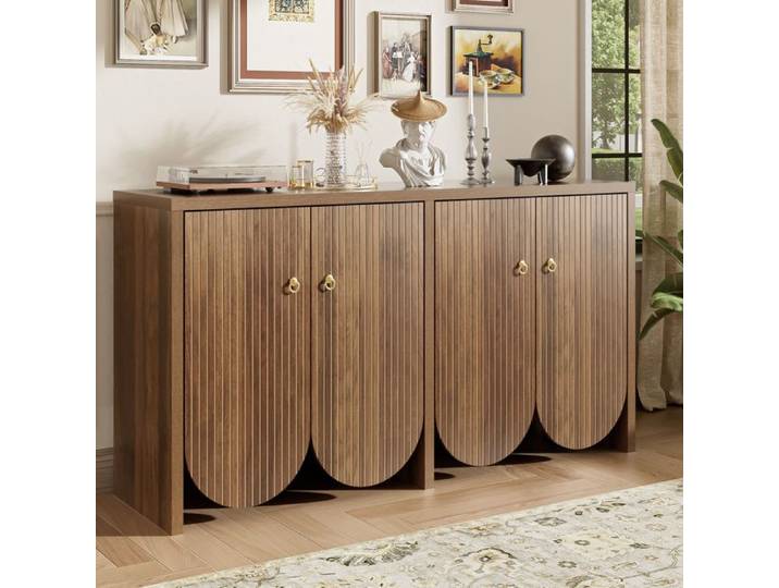 Buffet bahut - Becag - Buffet de salon avec 4 portes - Buffet de cuisine avec étagères réglables - 147x40x80cm - Couleur noyer