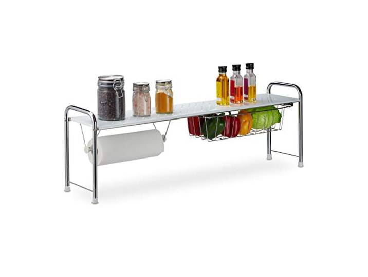 Relaxdays Etagère évier avec Porte Rouleau de Cuisine\, Meuble Cuisine avec Panier\, métal HxlxP: 32 x 94 x 23 cm\, Blanc/a