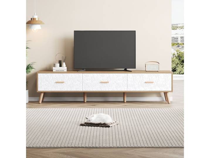 Meuble TV bas VUENOR vintage 150 x 35 x 39 cm blanc et bois clair - 3 tiroirs de rangement