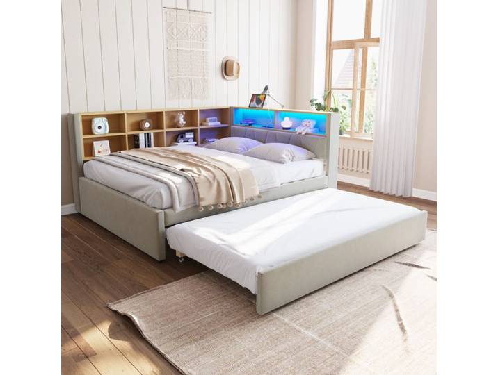Canapé-lit 140x200 - KILISKY - Lit gigogne avec ports USB et LED - Flanelle - Gris clair - 2 places