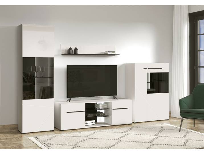 Wohnwand HOME AFFAIRE Trentino , weiss (weiß hochglanz mit schwarzen absetzungen), Kastenmöbel-Sets, Wohnwand, Inkl. Vitrine, Low-Board, Highboard und Wandregal
