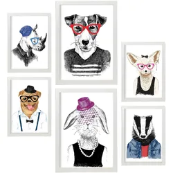 POSTER Set Mit 6 Edle Tiere Im Farbenfrohen Handgezeichneten Stil Weißer Hintergrunddruck Mit Tieren In Menschlicher Kleidung A3 & A4 Weißer Rahmen