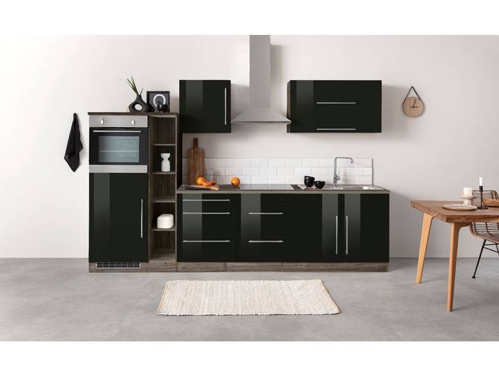 Küchenzeile, Spanplatte, Schwarz Hochglanz & Eiche Vintage, 300×60×200 cm, Mit E-Geräten, Vintage, Kochstation