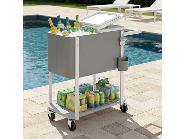 kowdom Trolley-Kühlbox 56L Getränkekühler Servierwagen mit Rollen, Flaschenöffner, Grau, Flaschenöffner, Ablass, Rollen, klappbarer Deckel, Ablage