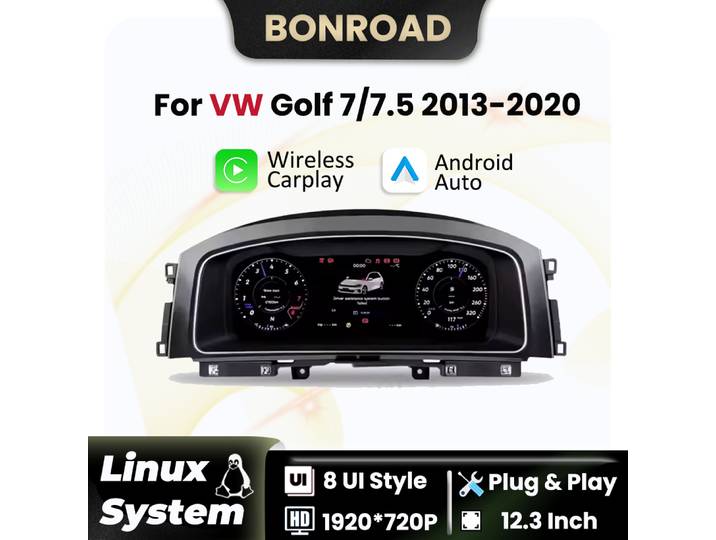 Tableau de bord numérique sans fil CarPlay Android Auto, 12.3 pouces, pour VW Golf 7 MK7 2013 – 2020, cabine virtuelle pour panneau d'instruments