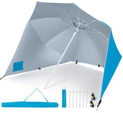 Costway 2-in-1 Beach Shelter Umbrella UPF 50+ with Side Panels for Camping Picnic-Turquoise