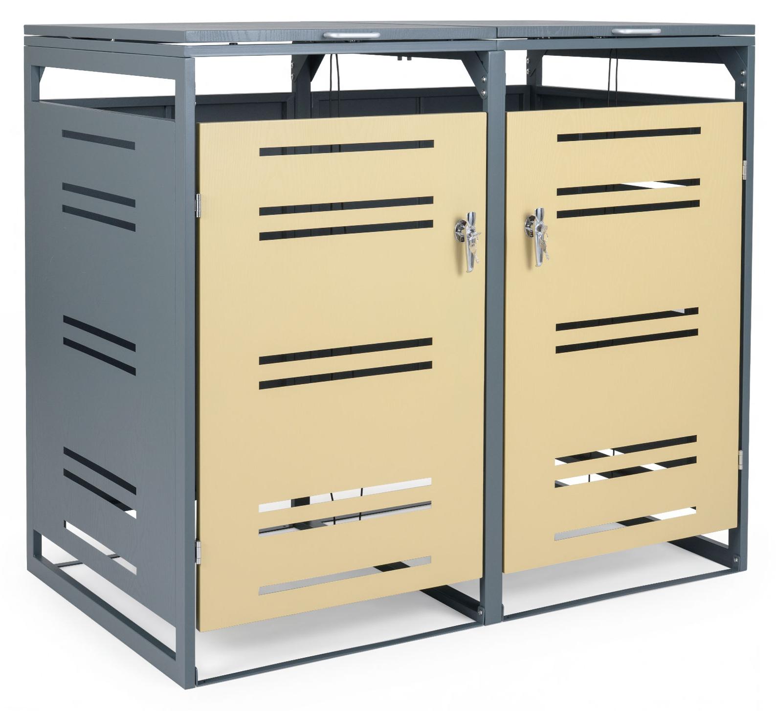 COSTWAY Mülltonnenbox für 2x120 L Mülltonne, wetterfester Gartenschuppen mit abschließbarer Tür, Gasdruckfeder&Stoßdämpfer, Geräteschuppen aus Metall