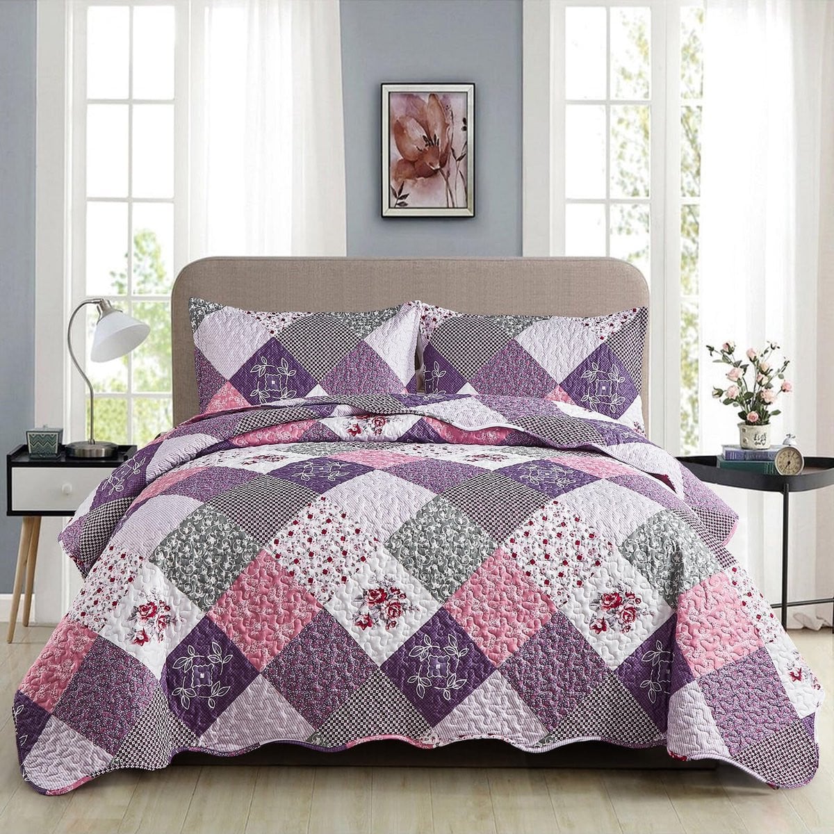 Unyqoos Elegante Patchwork Sprei Set met Bloemenpatroon en Kussenslopen