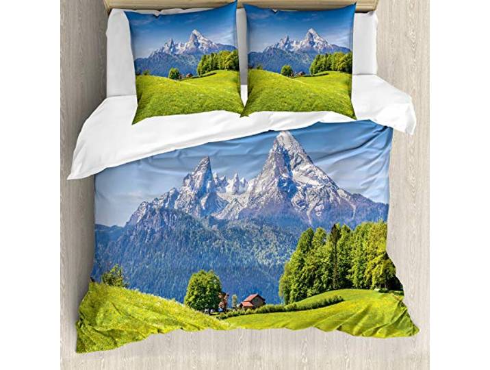 ABAKUHAUS Berg Bettwäsche Set für Doppelbetten, Alpen mit Wiese Flora, Weicher Microfaserstoff Allegigeignet kein Verblassen,Grün blau