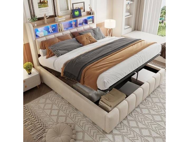 Ball & Cast Polsterbett (180x200cm) mit USB-Anschluss und Lichtleiste, Hydraulische Lagerfunktion + Weicher Kantenschutz, Einfach & Zeitsparend Montierbar, Leinenstoff Beige