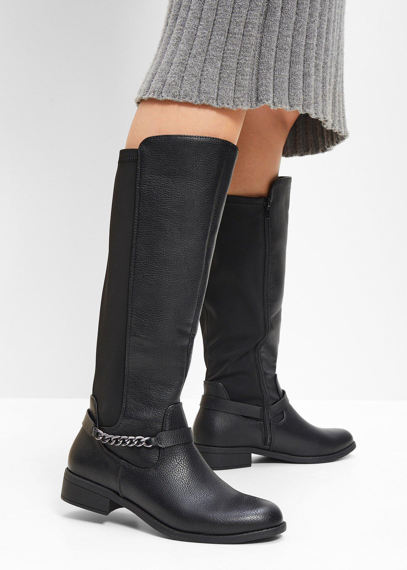 bonprix Stiefel, schwarz, Gr.40, Bequemer Weitschaftstiefel mit dekorativer Kette