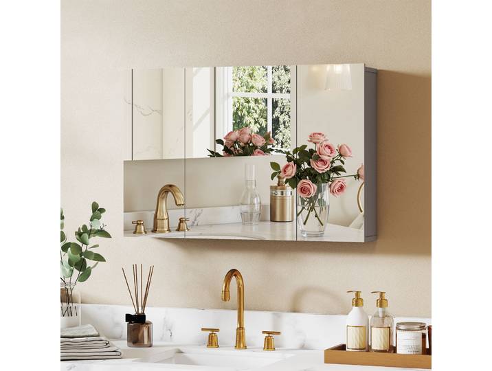 kleankin Armoire Murale 3 Portes Miroir Salle de Bain Gris