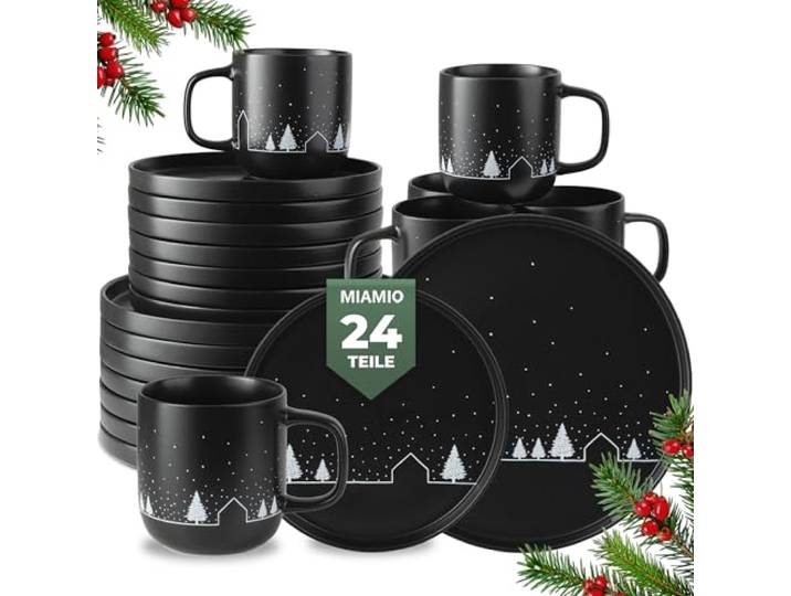 MIAMIO - Geschirrset/Tafelservice, Weihnachtsgeschirr (24-Teilig) - Vinter Keramik Geschirrset mit Tellern und Tassen, Tafelservice Weihnachten, Geschirr Weihnachten, Geschenk Set - spülmaschinenfest
