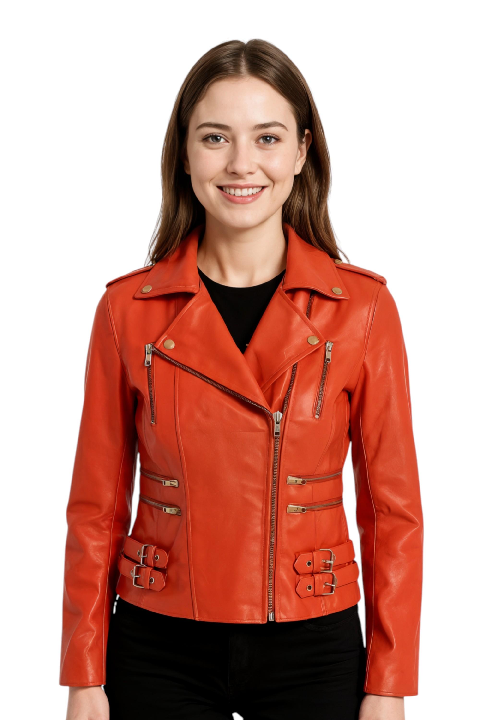 Damen Leder Orange Brando Bikerjacke-Constantia