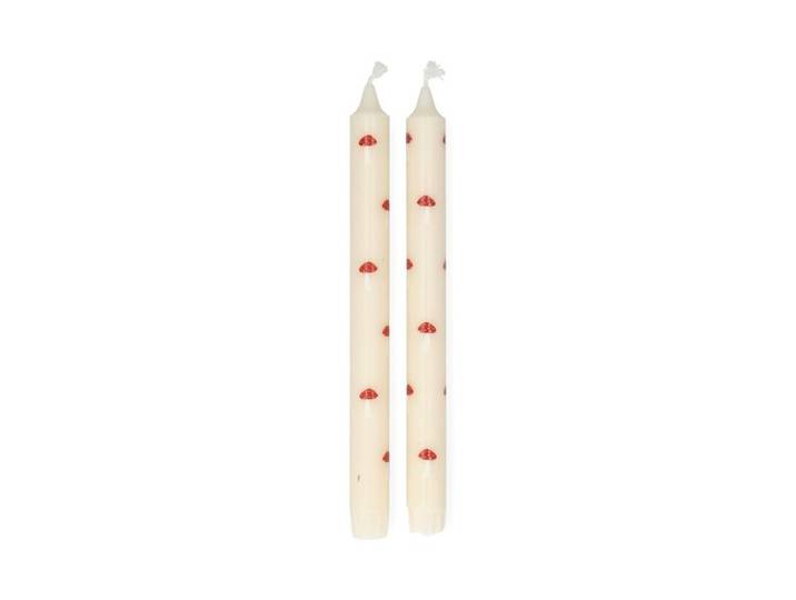 Dinerkaarsen, wit met paddenstoelen, 25 cm, 2 stuks