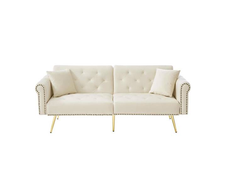 Flieks Sofa 2-Sitzer Schlaffunktion Samtbezug 3-Stufen Lehne Metallfüße Kleinraum, Beige, Holz, 89.54x19.81x76.84 cm, Wohnzimmer, Sofas & Couches, Sofas, 2-Sitzer Sofas