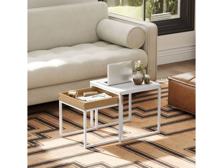 Table basse gigogne - lot de 2 - blanc - métal - MDF mélaminé - carrée - moderne