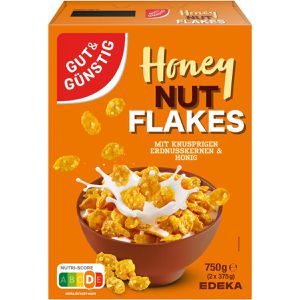 Gut&Günstig Cornflakes Honey Nut Flakes, 750 g (2x 375 g), laktosefrei, aus Maismehl
