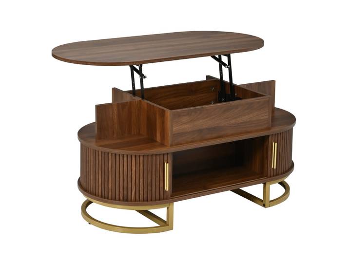 Table basse ovale relevable avec rangement, 100x50x64 cm, noyer