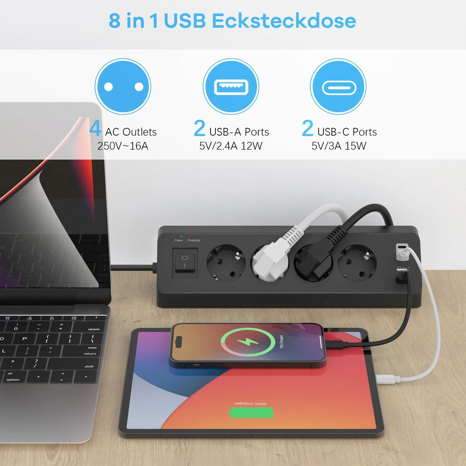 Selius Hoekstopcontact met 2 USB en 2 Type-C, 4-voudig meervoudig stopcontact