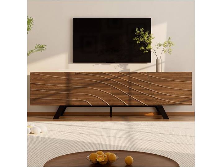 Meuble TV VIVRYN Wellenfront 3D Grand Rangement MDF Noyer Pieds En Fer Noir 160 x 39 x 50.5 cm
