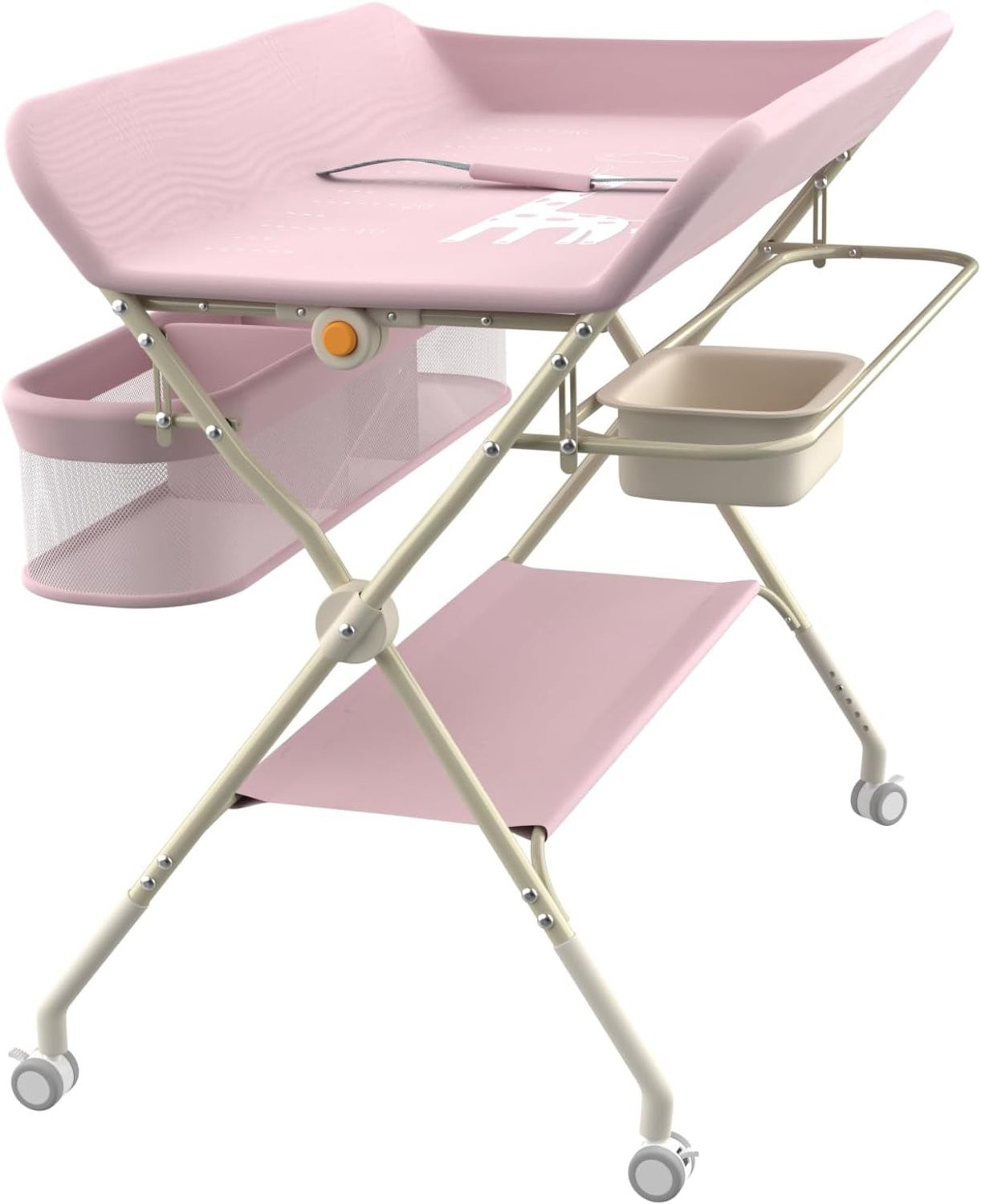 Opvouwbare luiertafel commode met opbergmand, 5 hoogtes verstelbaar, Hoogte: 62-90 cm, roze