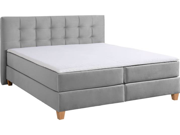Boxspringbett, Samtstoff, Grau, 180×220 cm, Inklusive Topper, 3 Härtegrade, Modern, Home-affaire