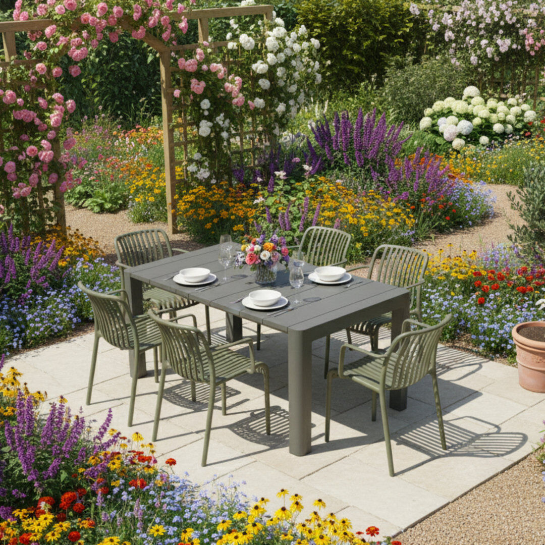 Brayden Studio Carachure 6 - Person Plastic Patio Dining Set Rectangular Table Green/Grey 6