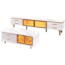 STILVORA Wohnzimmermöbel-Set aus Spanplatte Weiß, TV-Schrank & Couchtisch mit LED