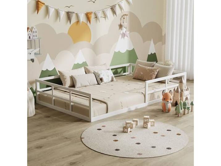 VitaliSpa Bodenbett Minno 120x200, Kinderbett aus Metall, Montessori Bett mit Rausfallschutz, niedrige Einstiegshöhe, Weiß