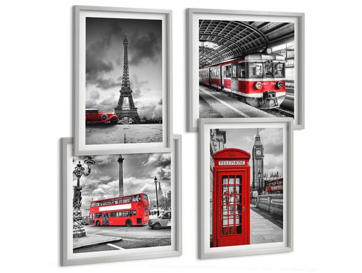 BILDER SET 4er Set - 50x50 cm & 40x60 cm Silberner Rahmen - Ikonische Städte London Paris Eisenbahn