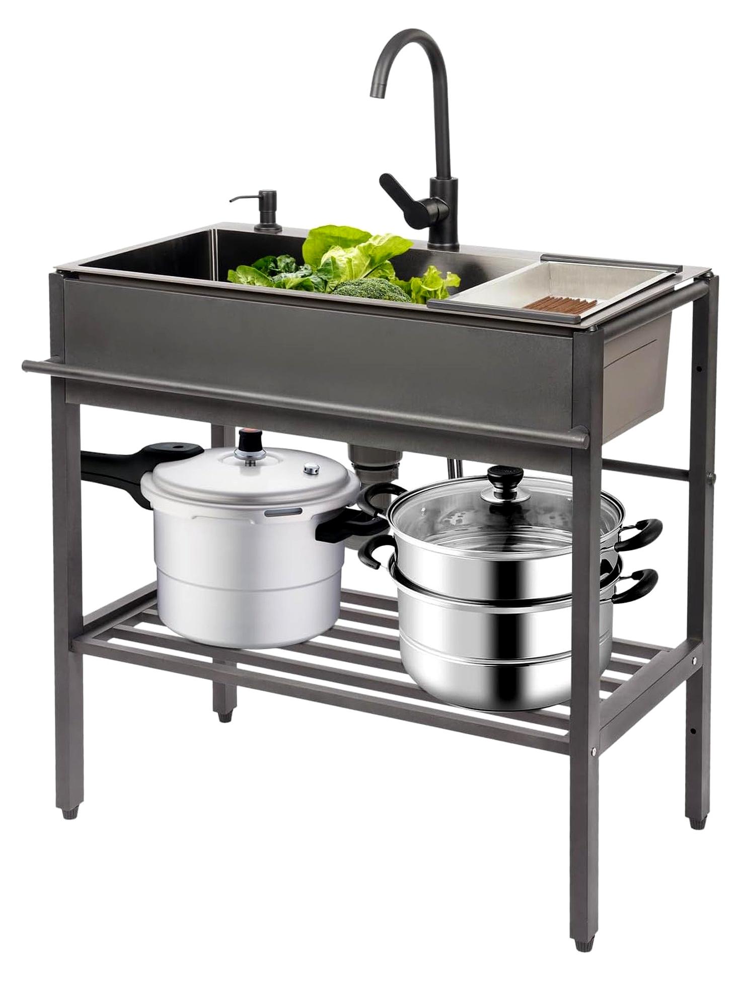 Edelstahl-Spüle 80x45cm: Einbecken-Spüle mit Seifenspender und Abtropfkorb für Küche und Außenbereich