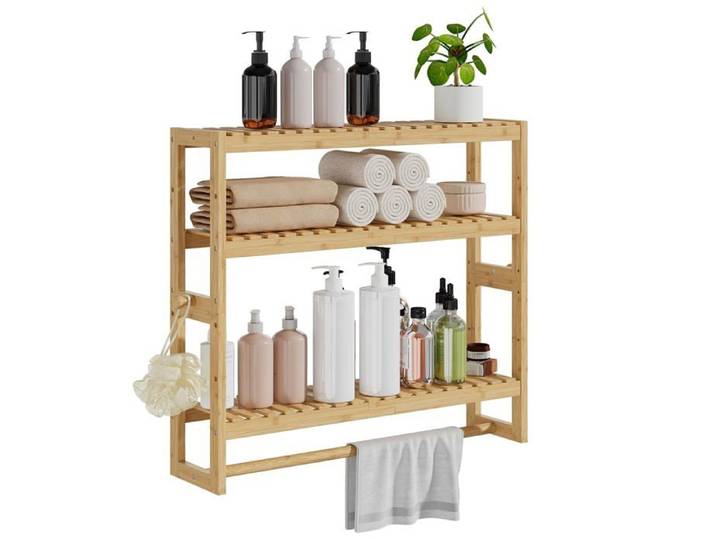 Étagère salle de bain 3 niveaux - bambou beige ajustable avec barre porte-serviettes et crochet autoportante
