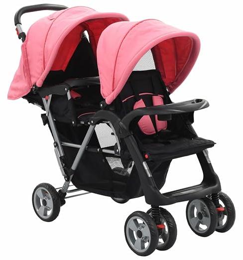 Geschwisterwagen, Geschwisterbabywagen, babywagen, Geschwisterwagen, babywagen Zwillinge, Doppelbabywagen, Zwillingsbuggy, Rosa und Schwarz Stahl