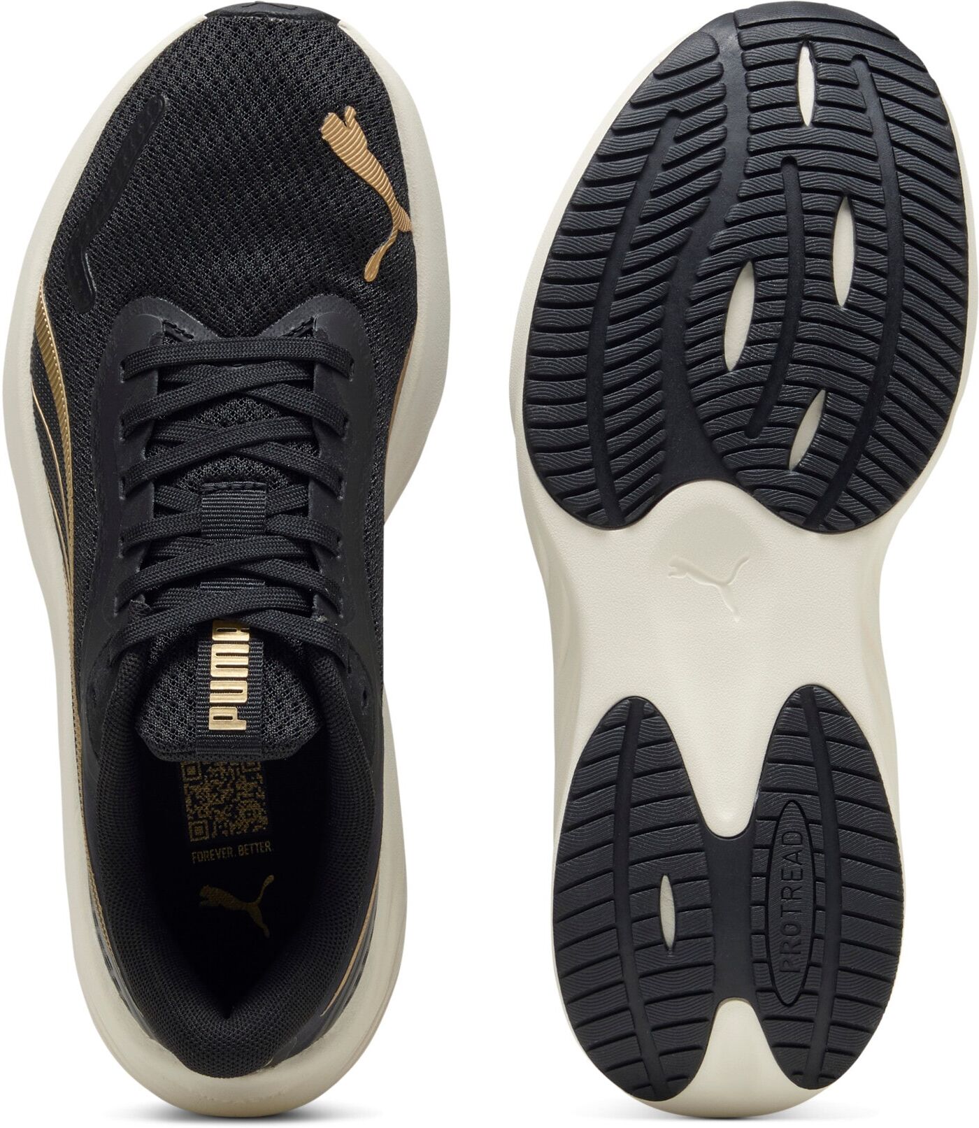 Laufschuh PUMA "POUNCE LITE", Damen, Gr. 43, Textil, schwarz (puma gold, puma schwarz), Schuhe Laufschuh, mit PROTREAD Gummilaufsohle, mit SOFTFOAM+ Dämpfungstechnologie