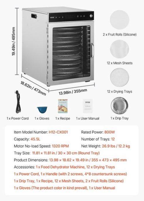 Elektrischer Lebensmittel-Trockner - 800 W Leistung - 12 Edelstahl-Tabletts - 45,5 Liter Fassungsvermögen - Edelstahl - Für Obst und Fleisch